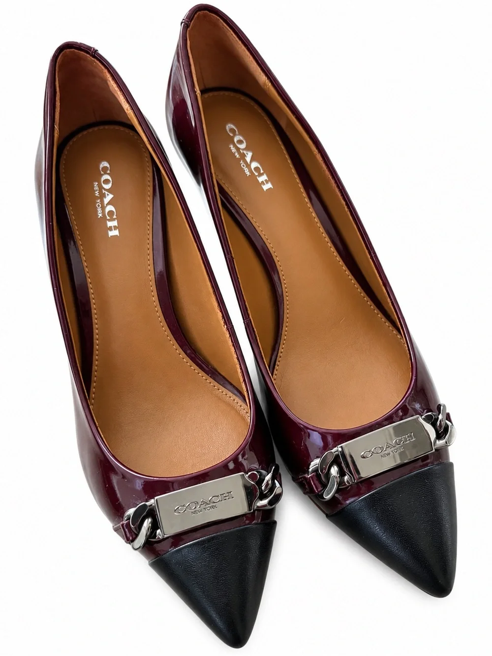 Coach Burgundy Patent Pointed Toe Heels with Black Cap